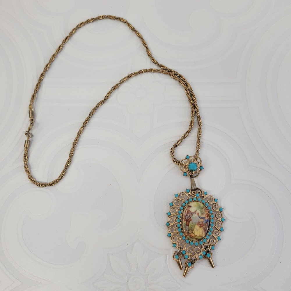 Juliana Delizza Elster Necklace Gold Tone Victorian Revival Turquoise Rhinestone